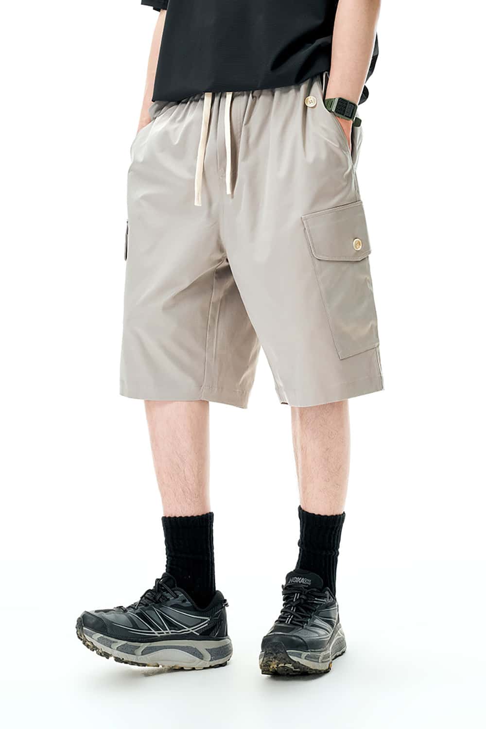 Multi-Pocket Cargo Shorts with Elastic Drawstring Waist - Mid-Length Utility Shorts