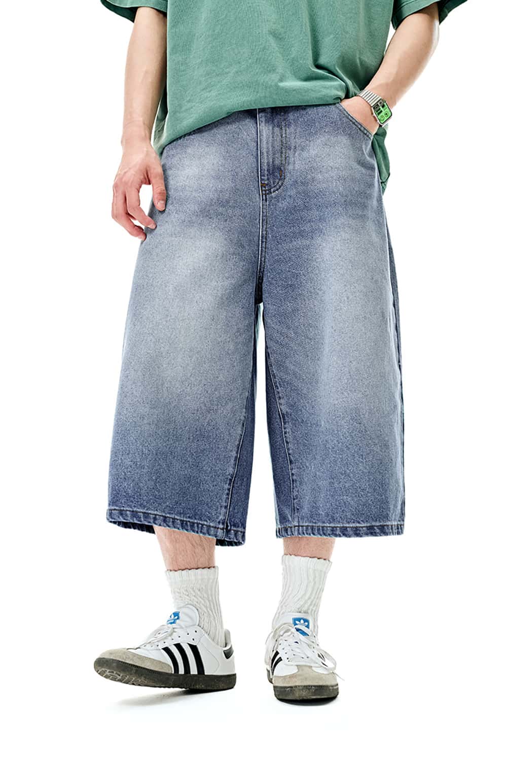 Distressed Wide-Leg Cropped Denim Shorts - Streetwear Casual Jeans