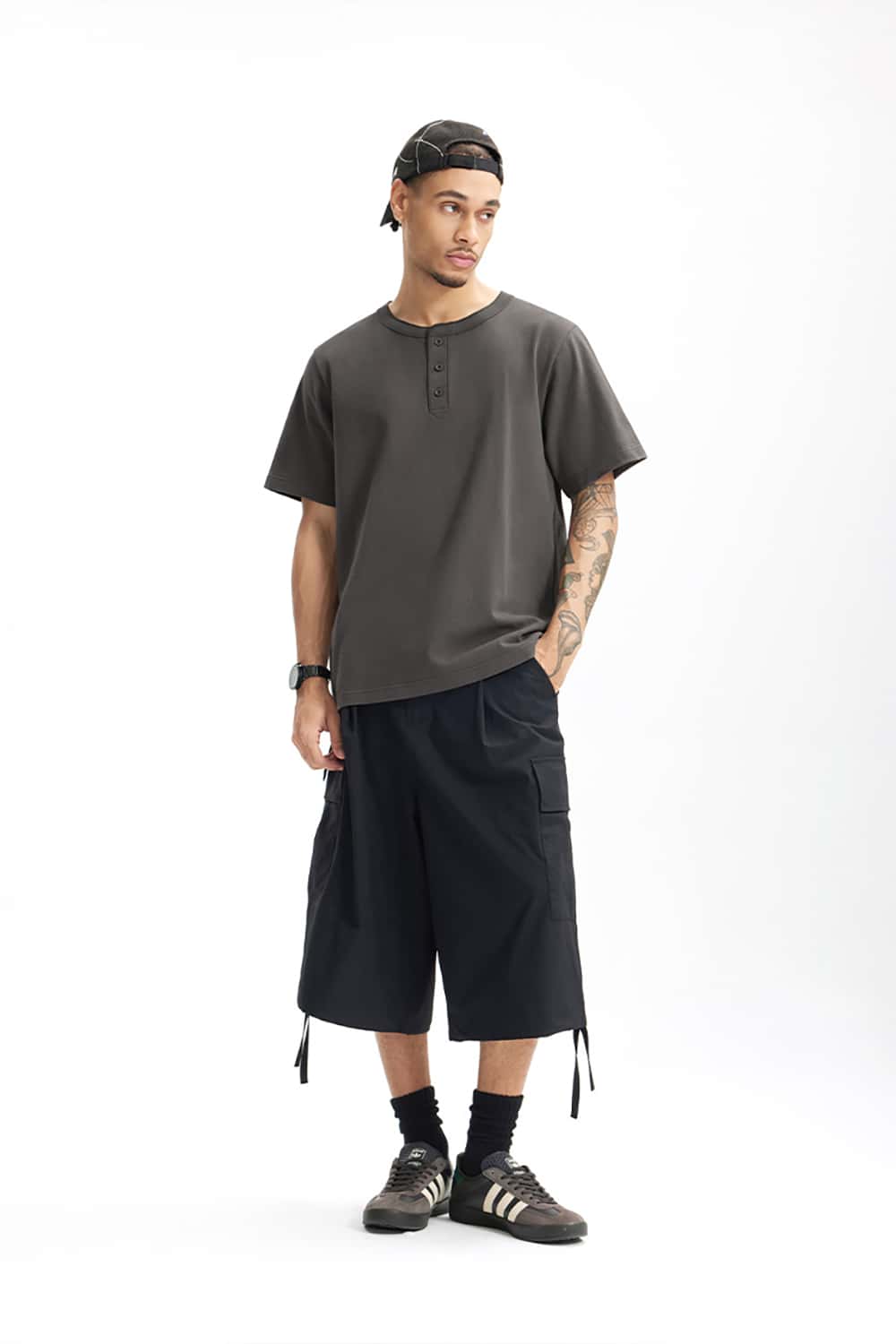 Heavyweight Hemp Cotton Henley T-Shirt - 250g Casual Round Neck Tee
