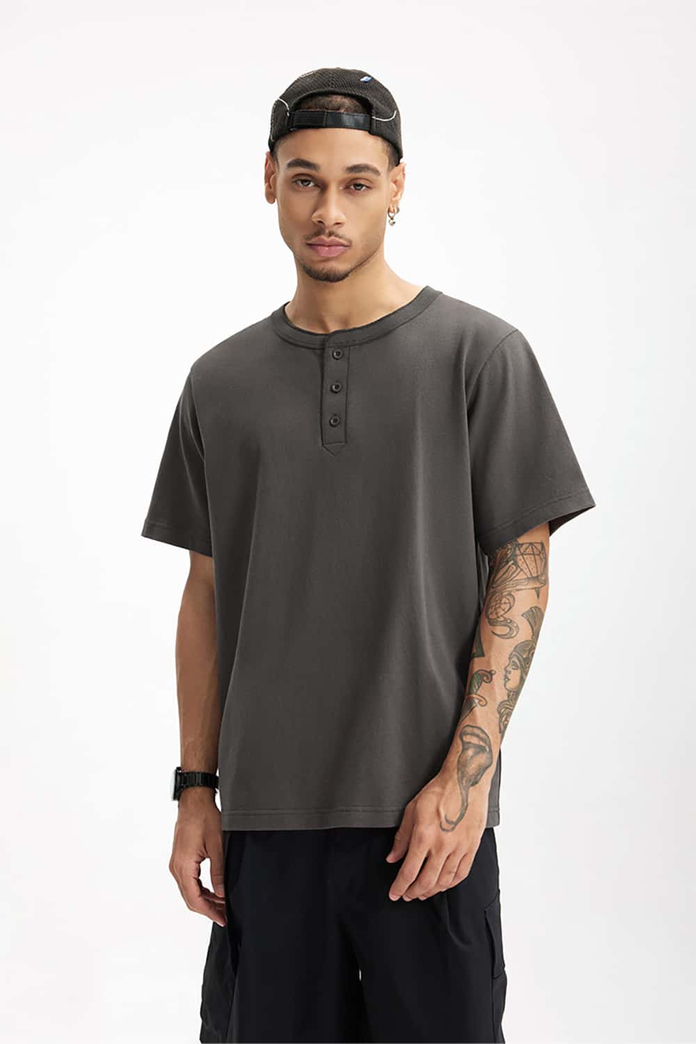 Heavyweight Hemp Cotton Henley T-Shirt - 250g Casual Round Neck Tee