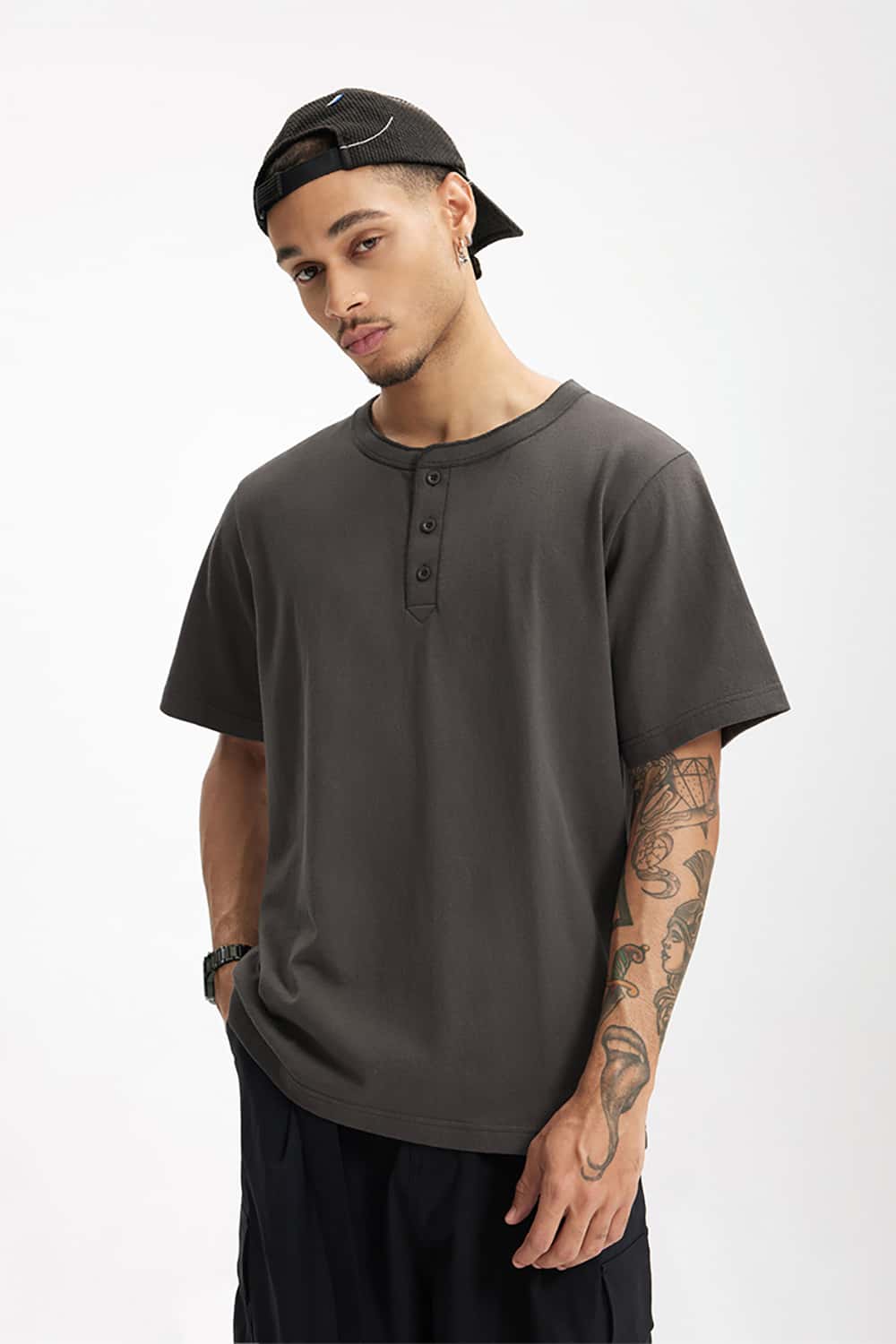 Heavyweight Hemp Cotton Henley T-Shirt - 250g Casual Round Neck Tee
