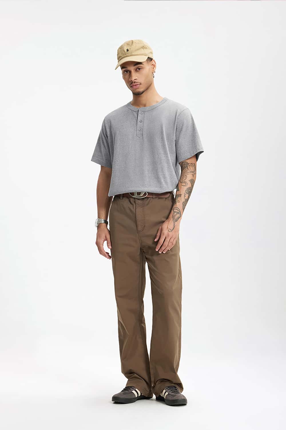 Heavyweight Hemp Cotton Henley T-Shirt - 250g Casual Round Neck Tee
