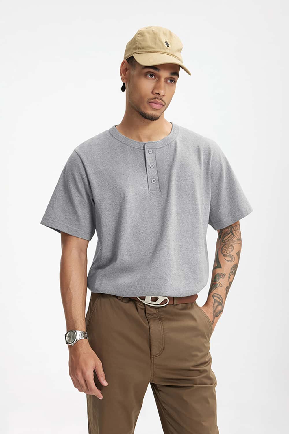 Heavyweight Hemp Cotton Henley T-Shirt - 250g Casual Round Neck Tee