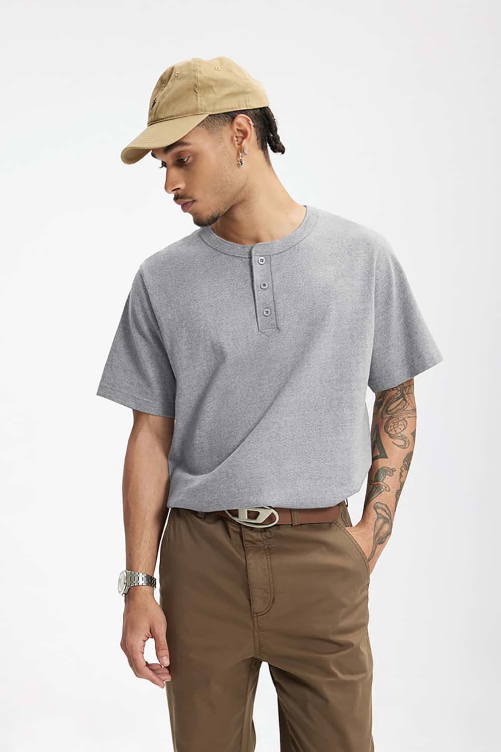 Heavyweight Hemp Cotton Henley T-Shirt - 250g Casual Round Neck Tee