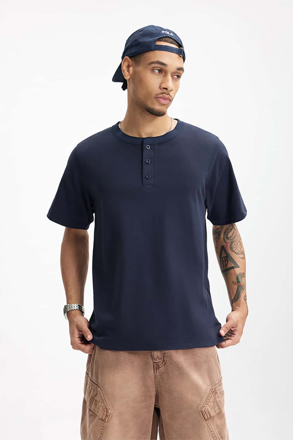 Heavyweight Hemp Cotton Henley T-Shirt - 250g Casual Round Neck Tee