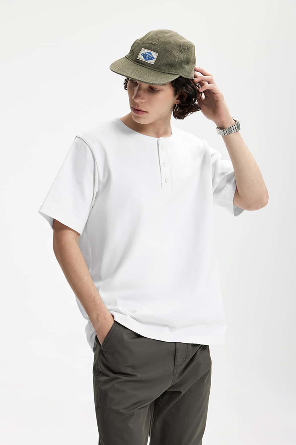 Heavyweight Hemp Cotton Henley T-Shirt - 250g Casual Round Neck Tee