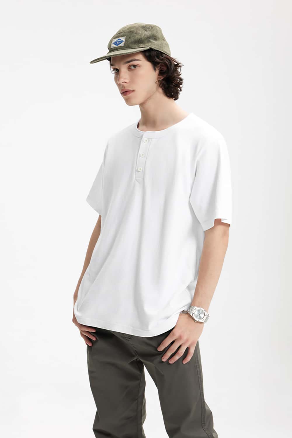 Heavyweight Hemp Cotton Henley T-Shirt - 250g Casual Round Neck Tee