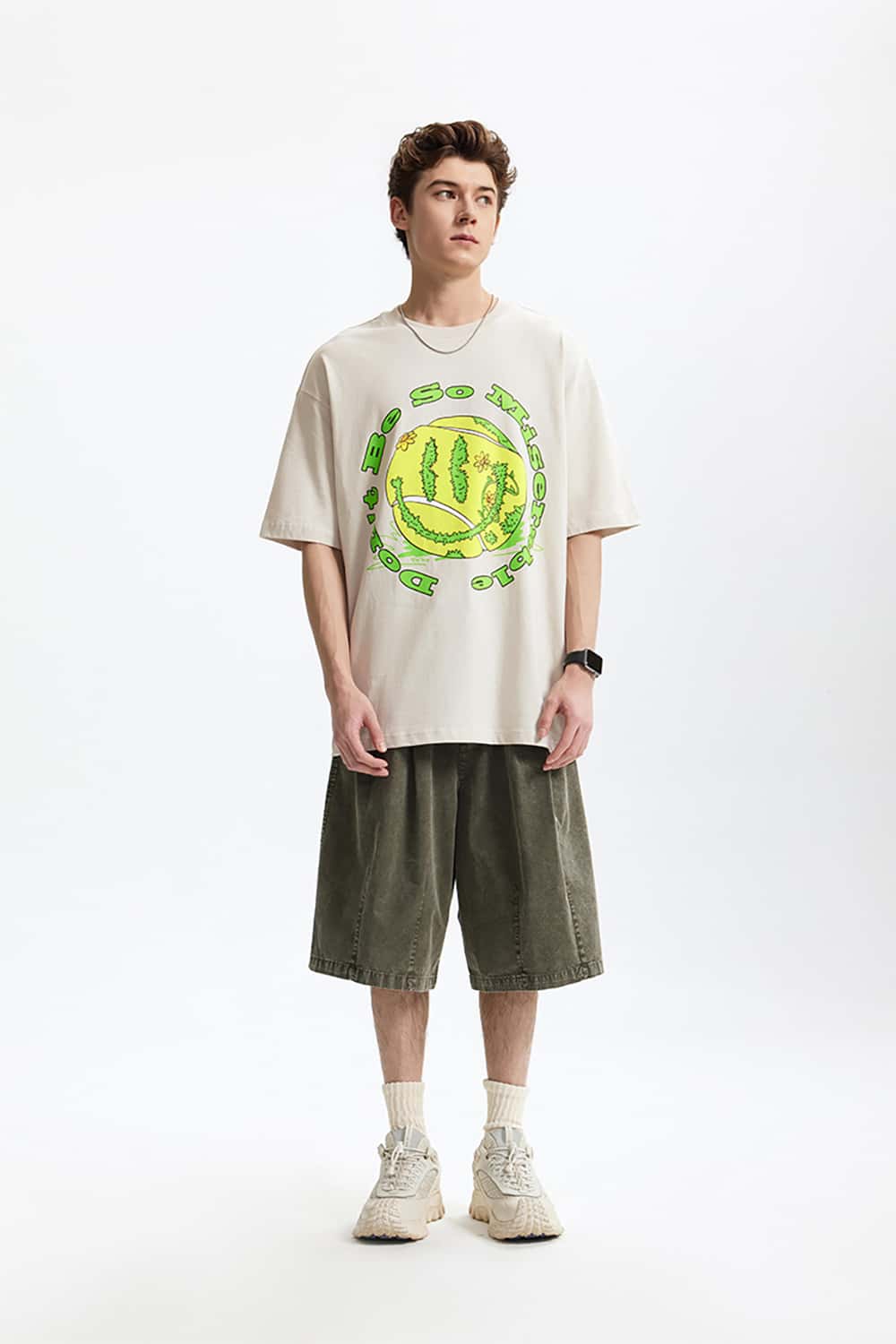 Vintage Tennis Print T-Shirt - Loose Round Neck Short Sleeve