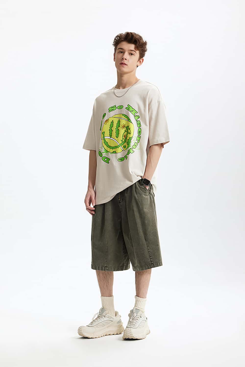 Vintage Tennis Print T-Shirt - Loose Round Neck Short Sleeve