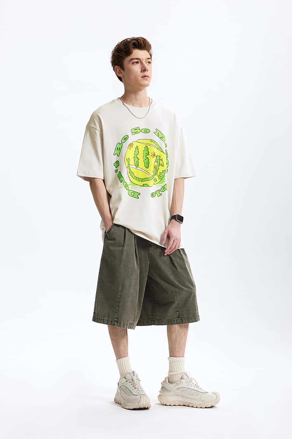 Vintage Tennis Print T-Shirt - Loose Round Neck Short Sleeve