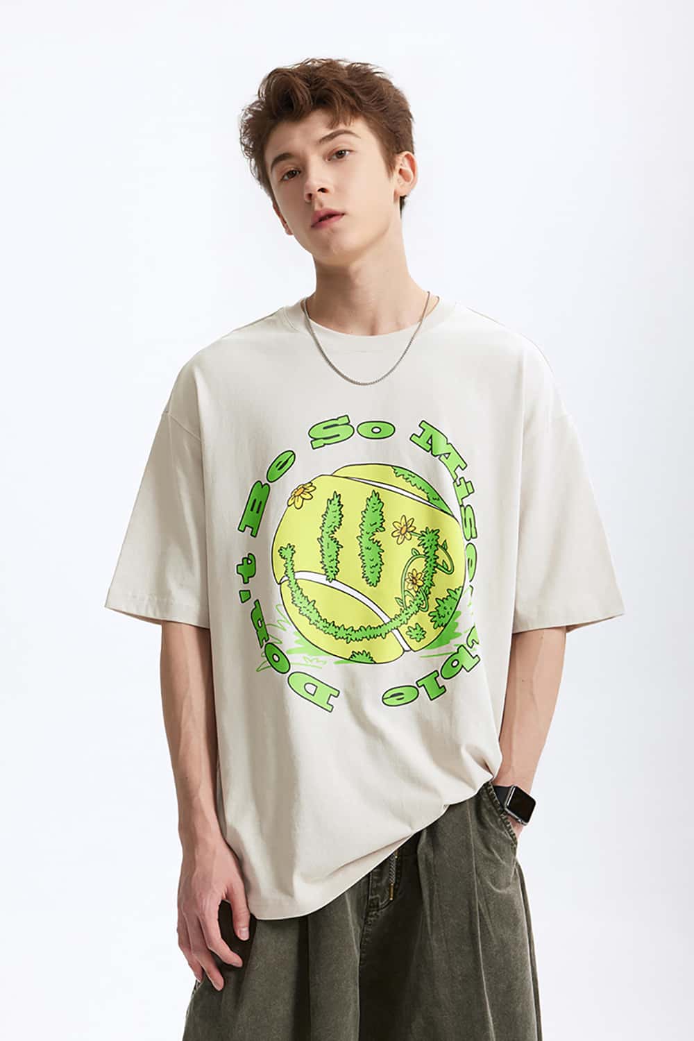 Vintage Tennis Print T-Shirt - Loose Round Neck Short Sleeve