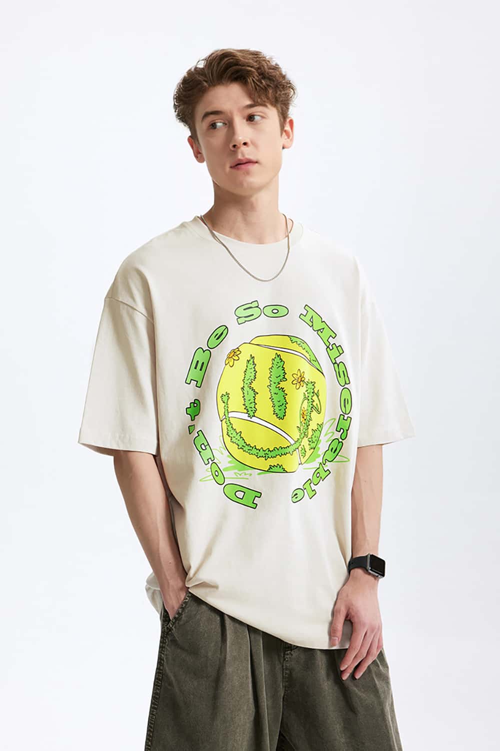 Vintage Tennis Print T-Shirt - Loose Round Neck Short Sleeve