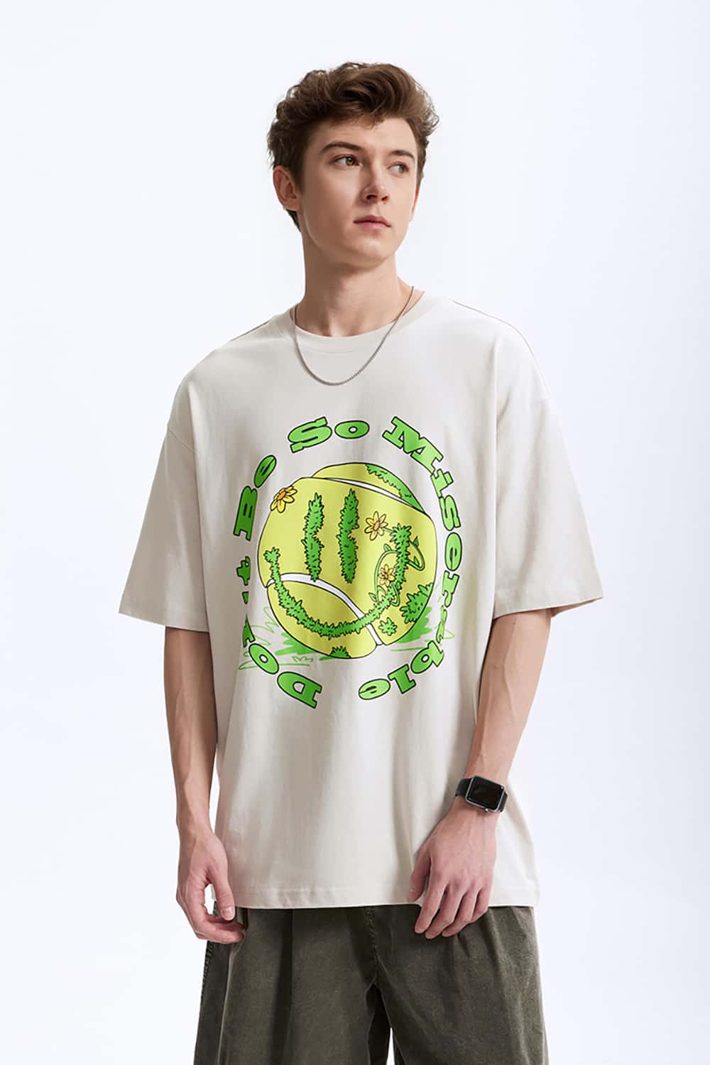 Vintage Tennis Print T-Shirt - Loose Round Neck Short Sleeve