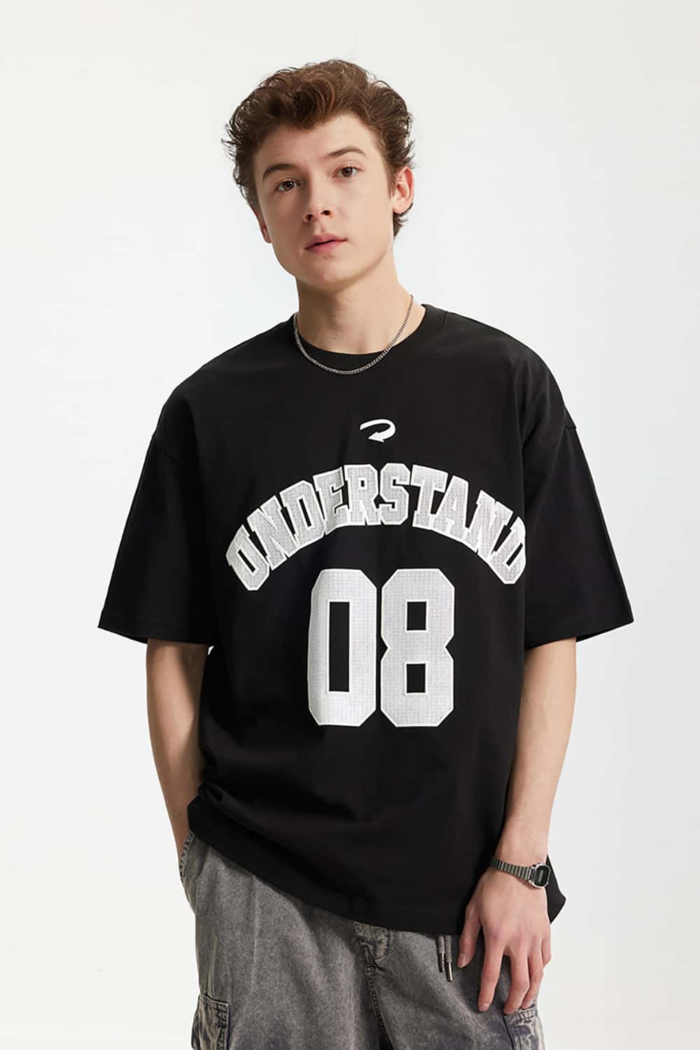 Foam Letter Print T-Shirt with Numeric Design - Short Sleeve