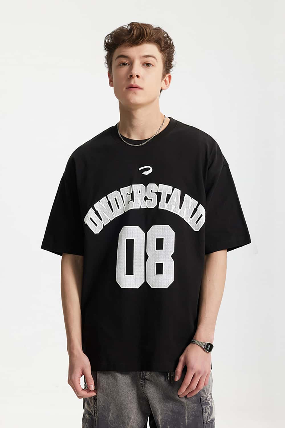 Foam Letter Print T-Shirt with Numeric Design - Short Sleeve