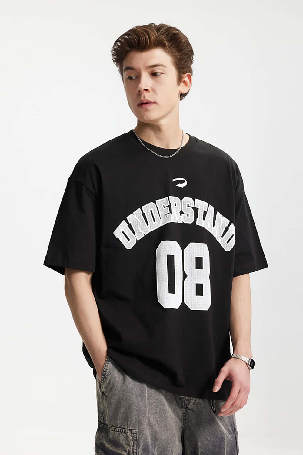 Foam Letter Print T-Shirt with Numeric Design - Short Sleeve