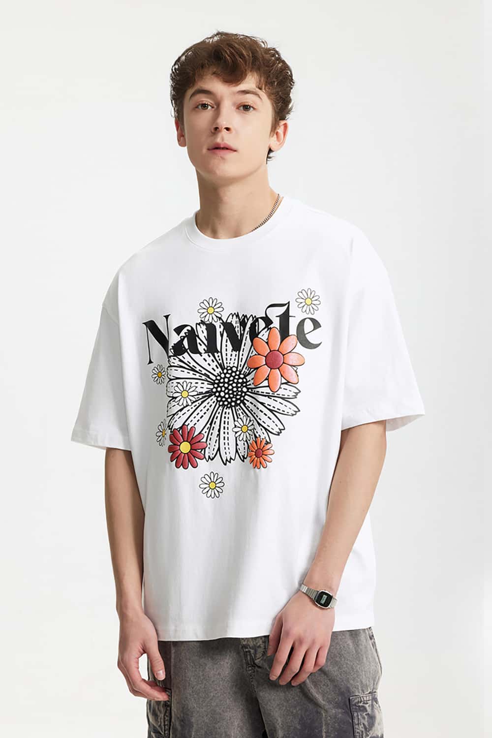 Iridescent Foam Daisy Print T-Shirt - Loose Streetwear Short Sleeve