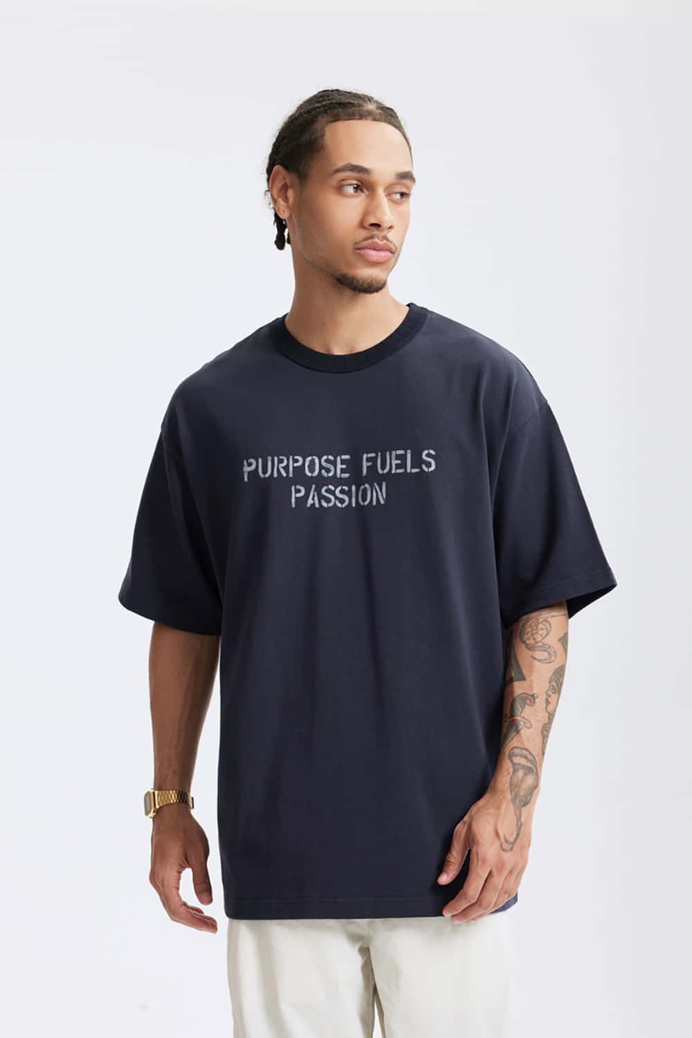 Heavyweight Hemp Cotton Letter Print T-Shirt - Loose Streetwear Short Sleeve