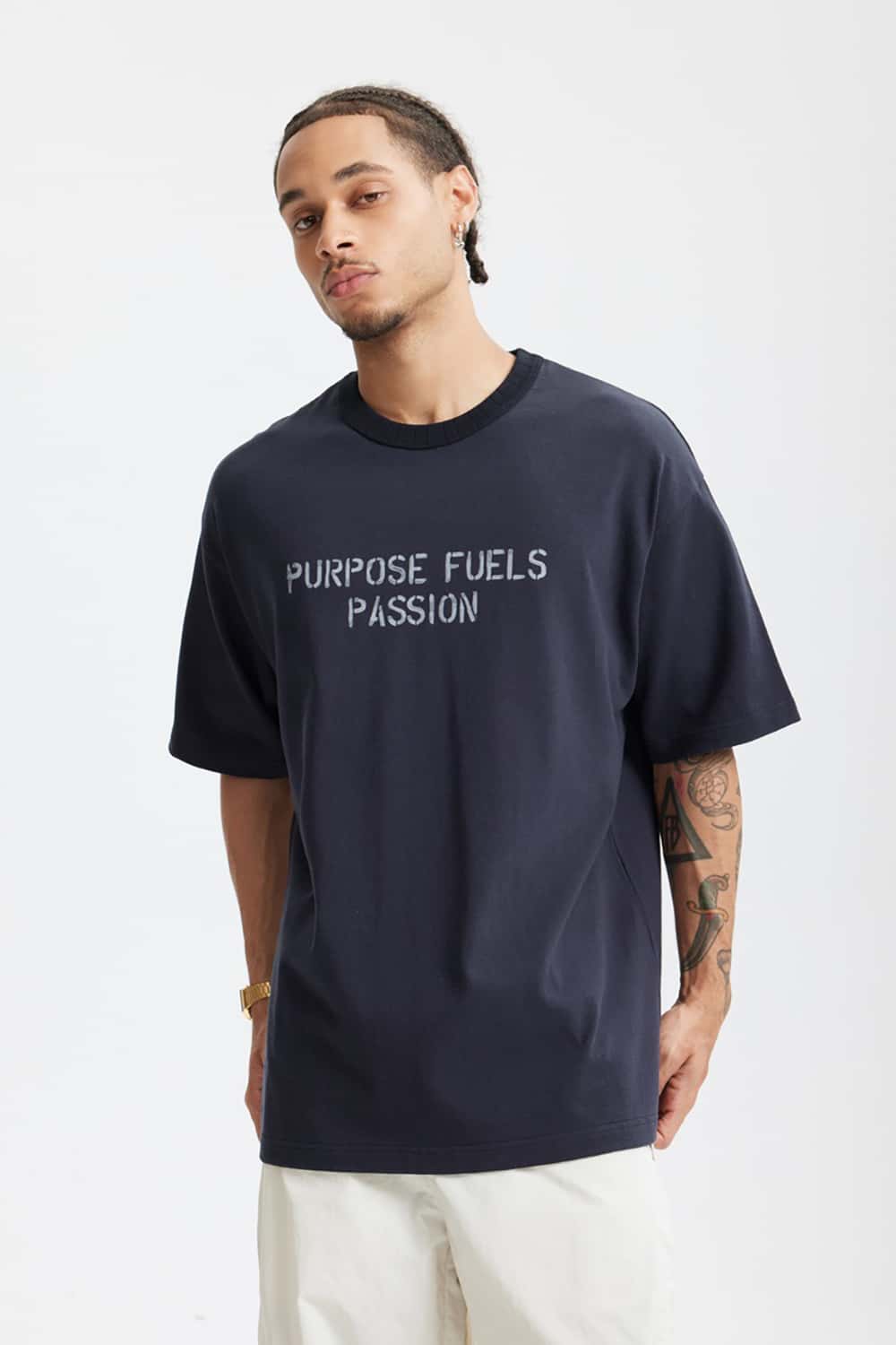 Heavyweight Hemp Cotton Letter Print T-Shirt - Loose Streetwear Short Sleeve