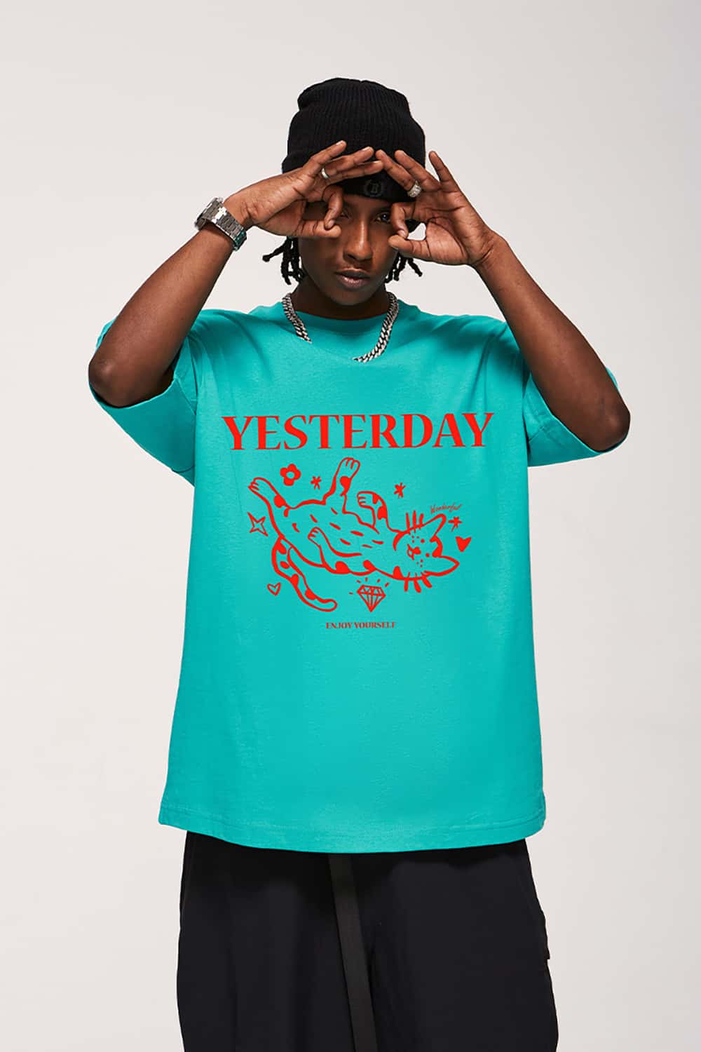 Contrast Color Cat Foam Print T-Shirt - Short Sleeve