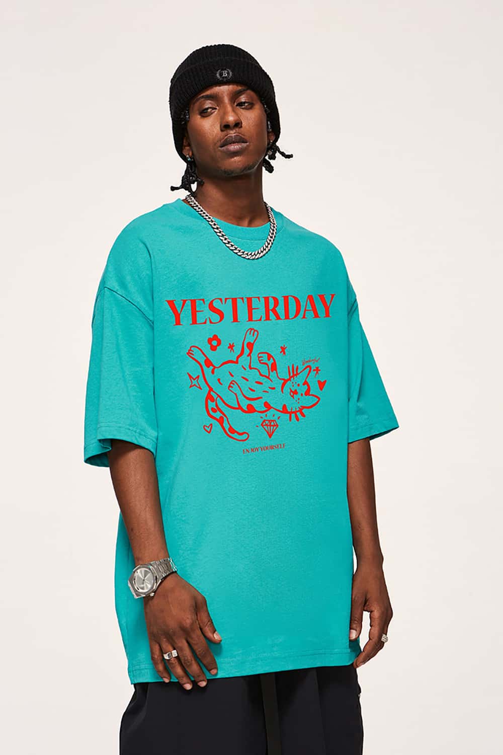 Contrast Color Cat Foam Print T-Shirt - Short Sleeve