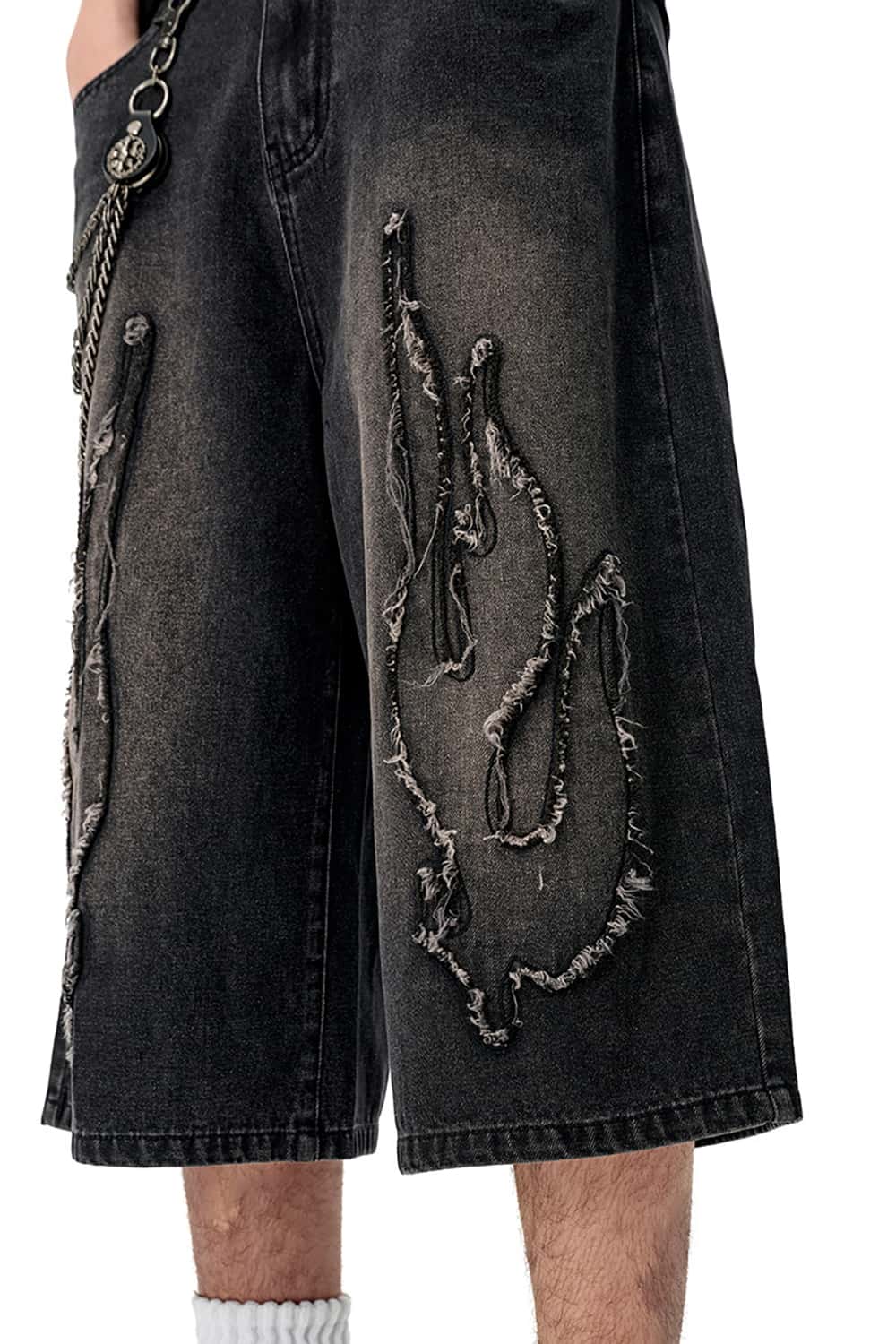 Three-Quarter Length Patchwork Washed Denim Shorts - Vintage Casual Style