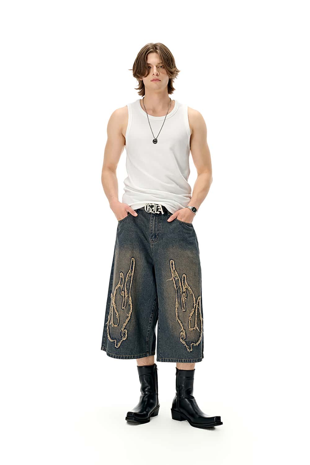 Three-Quarter Length Patchwork Washed Denim Shorts - Vintage Casual Style