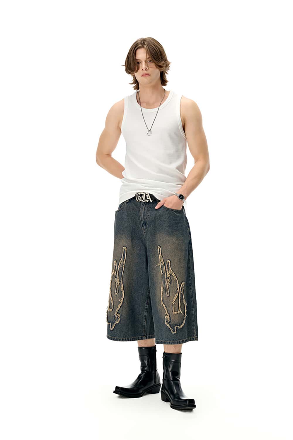Three-Quarter Length Patchwork Washed Denim Shorts - Vintage Casual Style