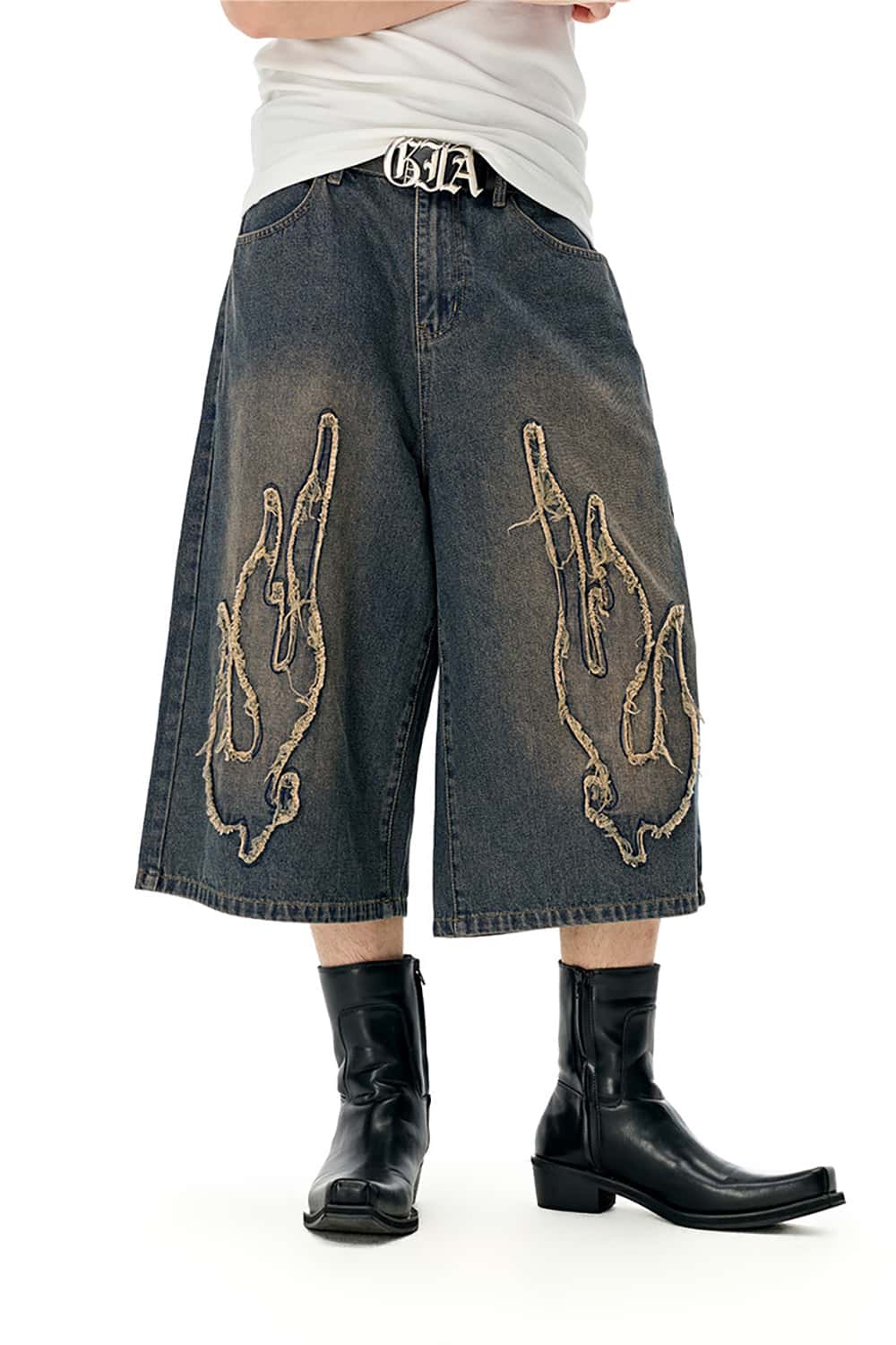 Three-Quarter Length Patchwork Washed Denim Shorts - Vintage Casual Style