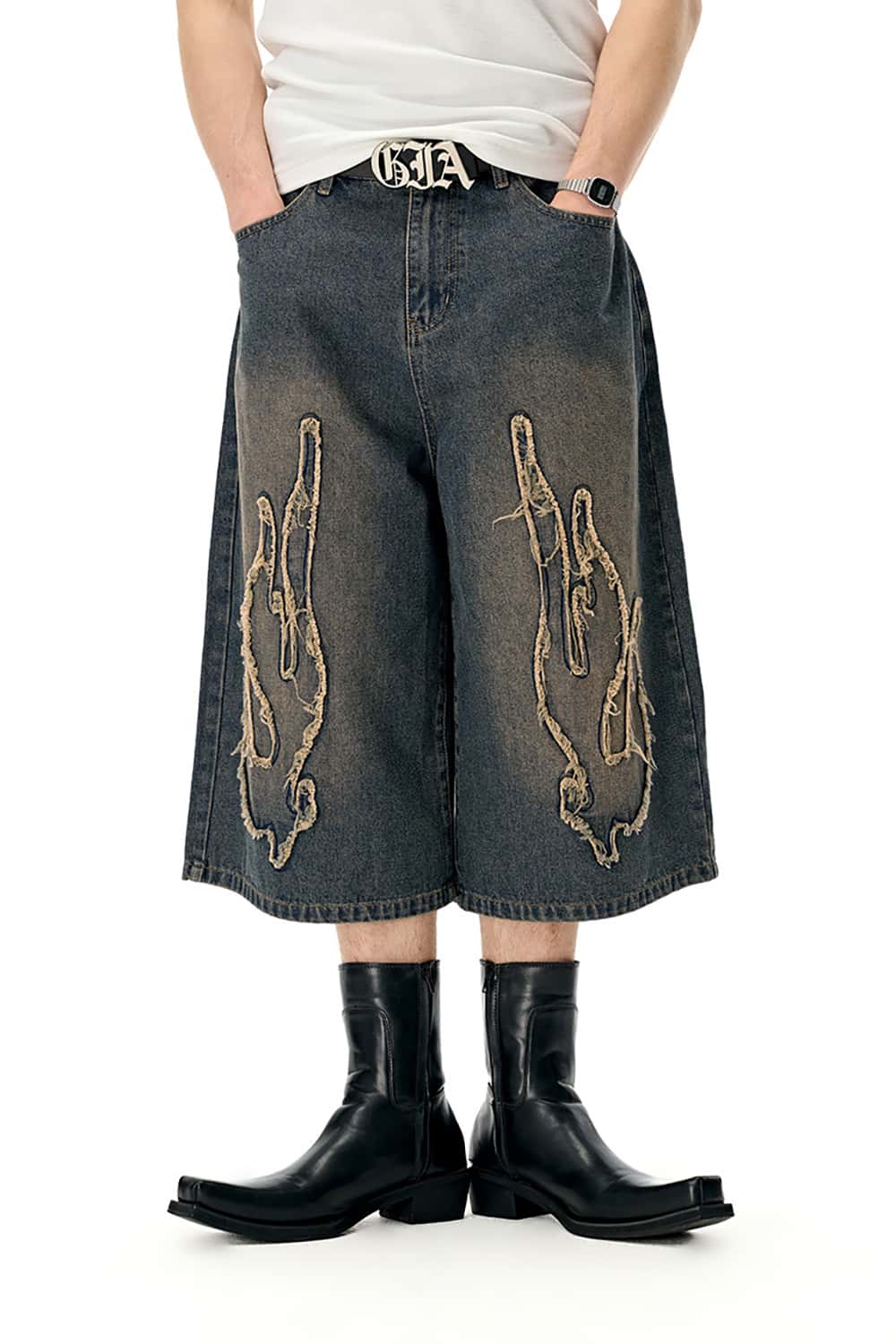 Three-Quarter Length Patchwork Washed Denim Shorts - Vintage Casual Style