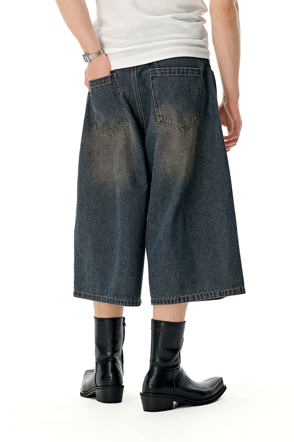 Three-Quarter Length Patchwork Washed Denim Shorts - Vintage Casual Style