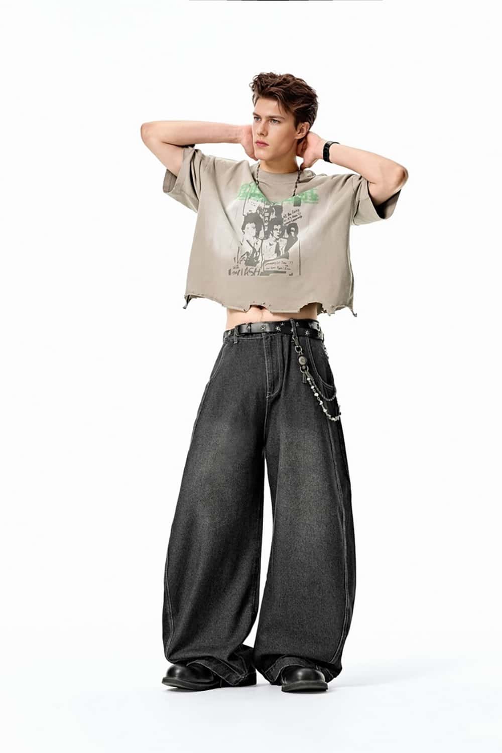 Street Style Baggy Jeans with Sickle-Shaped Wide Leg - Washed Denim