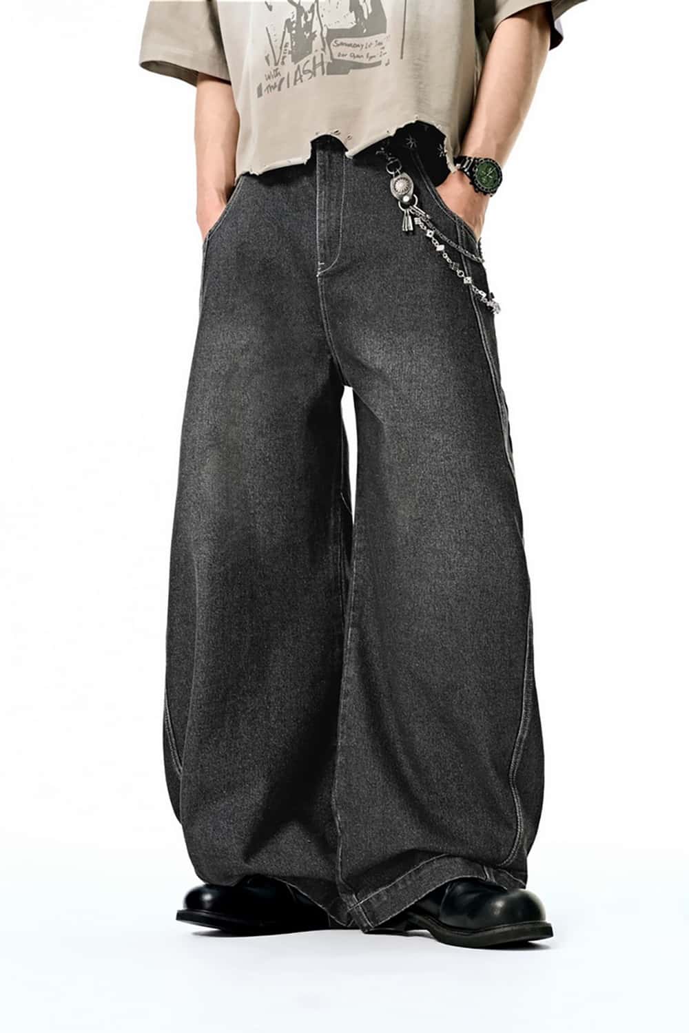 Street Style Baggy Jeans with Sickle-Shaped Wide Leg - Washed Denim