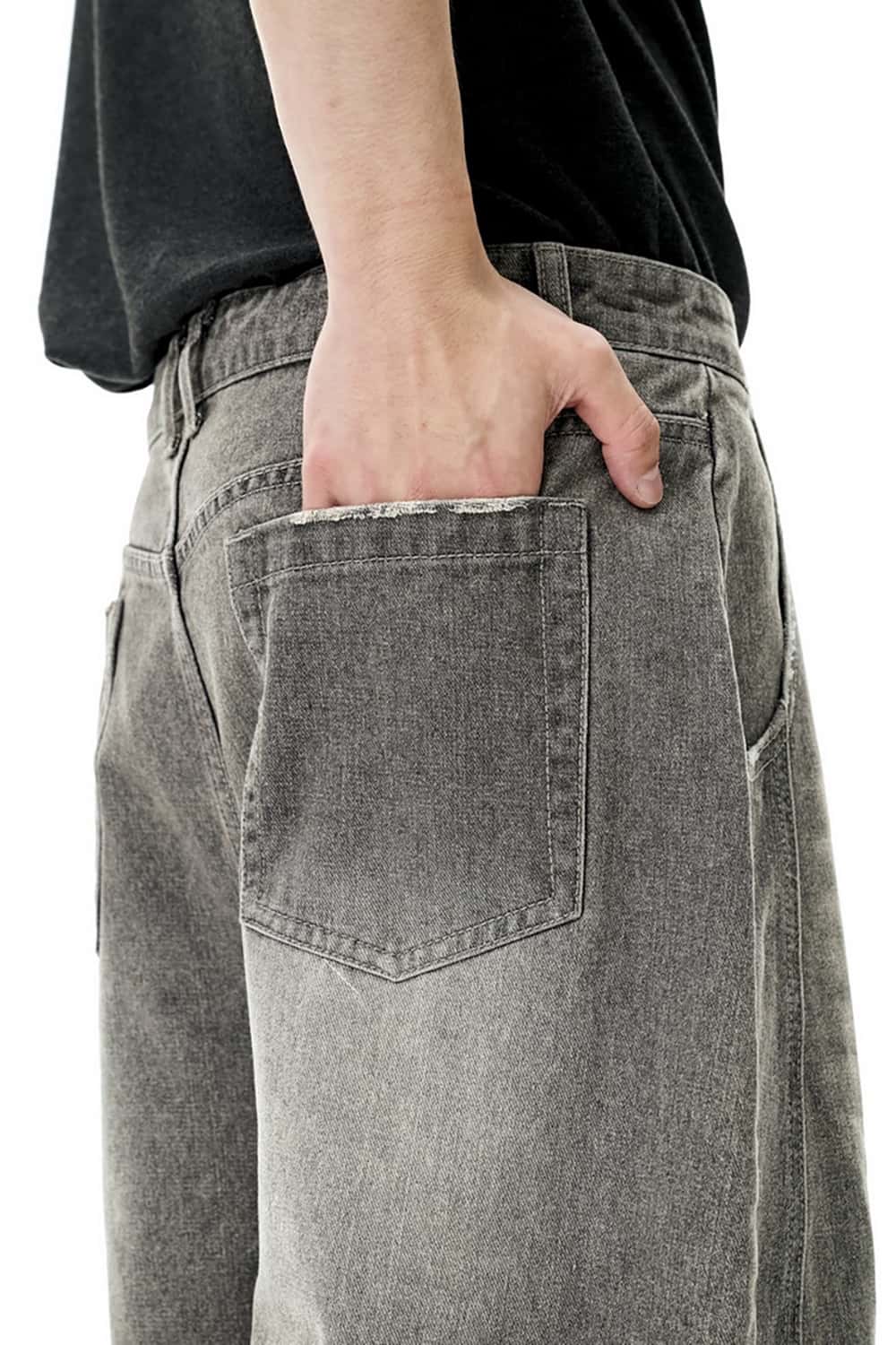 Street Style Baggy Jeans with Sickle-Shaped Wide Leg - Washed Denim
