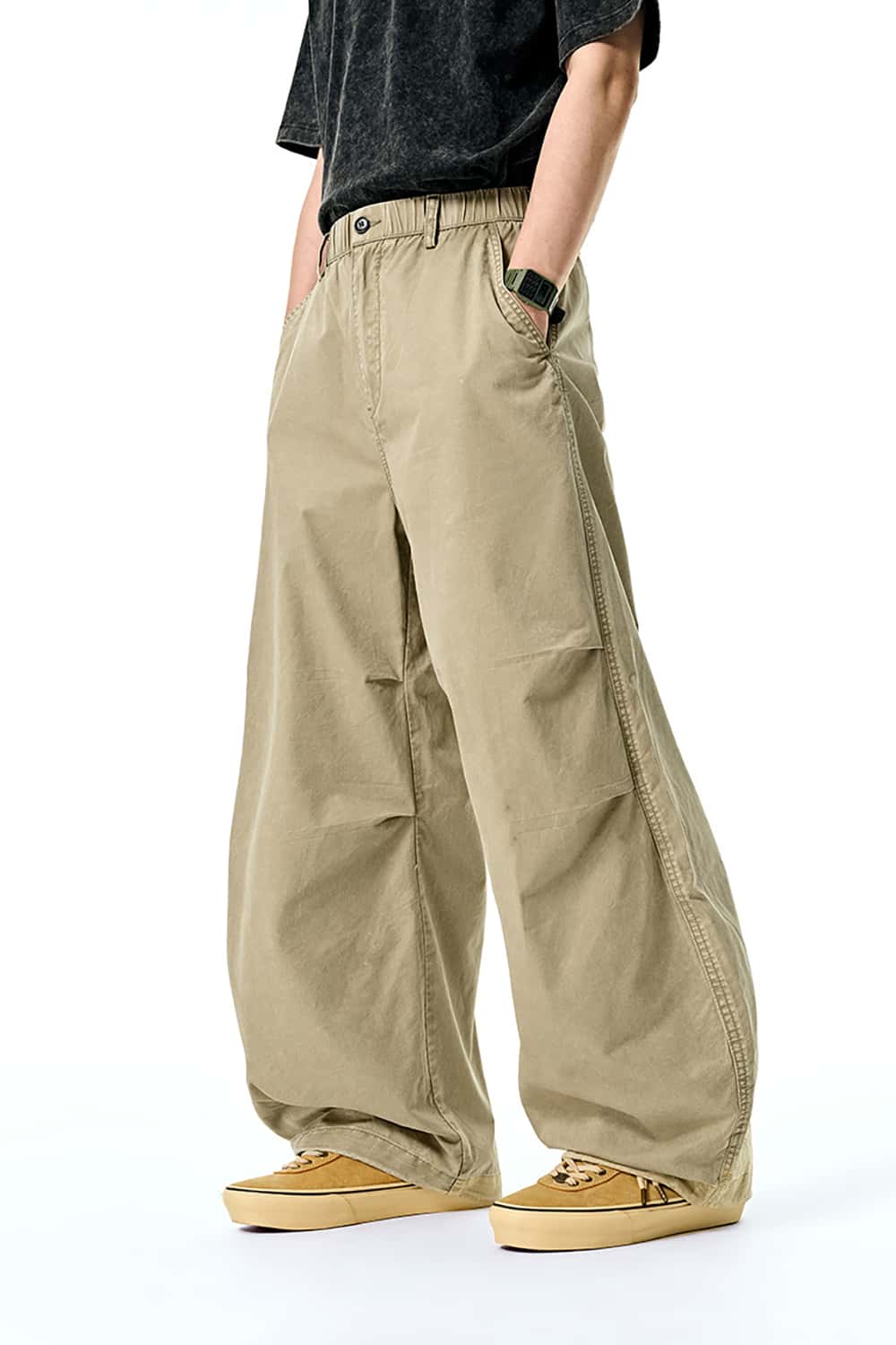 Utility Wide-Leg Paratrooper Pants with Washed Finish - Casual Streetwear