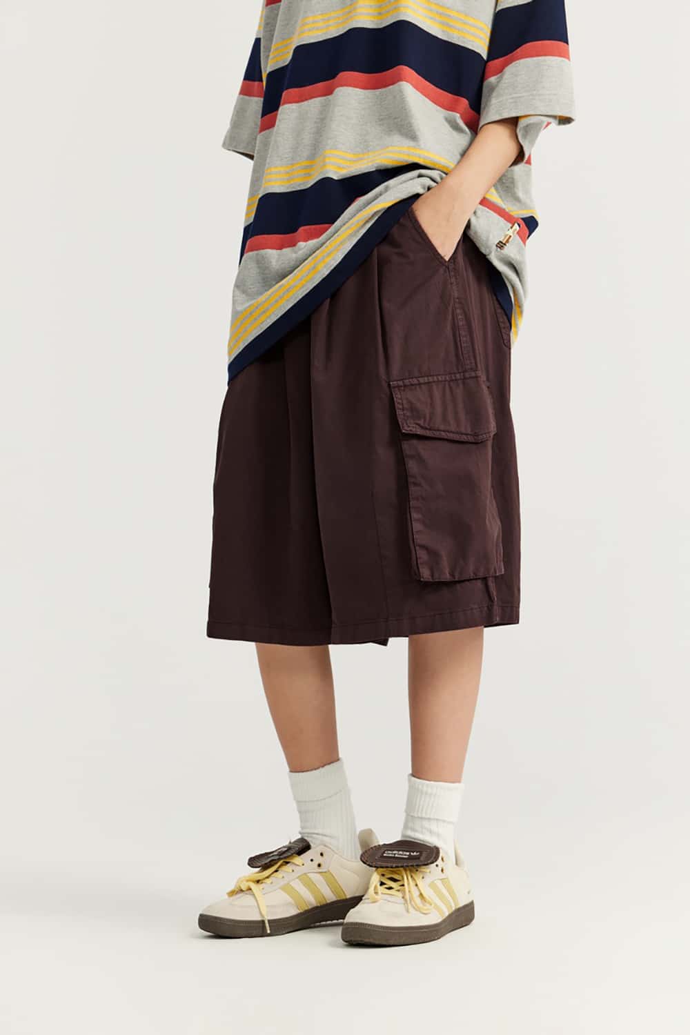 Garment Washed Wide-Leg Utility Shorts - Mid-Length