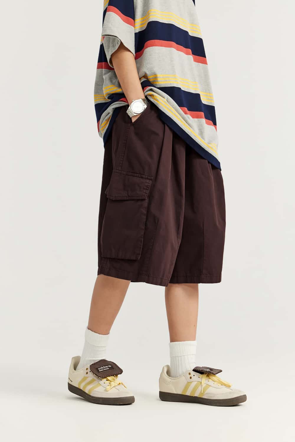 Garment Washed Wide-Leg Utility Shorts - Mid-Length