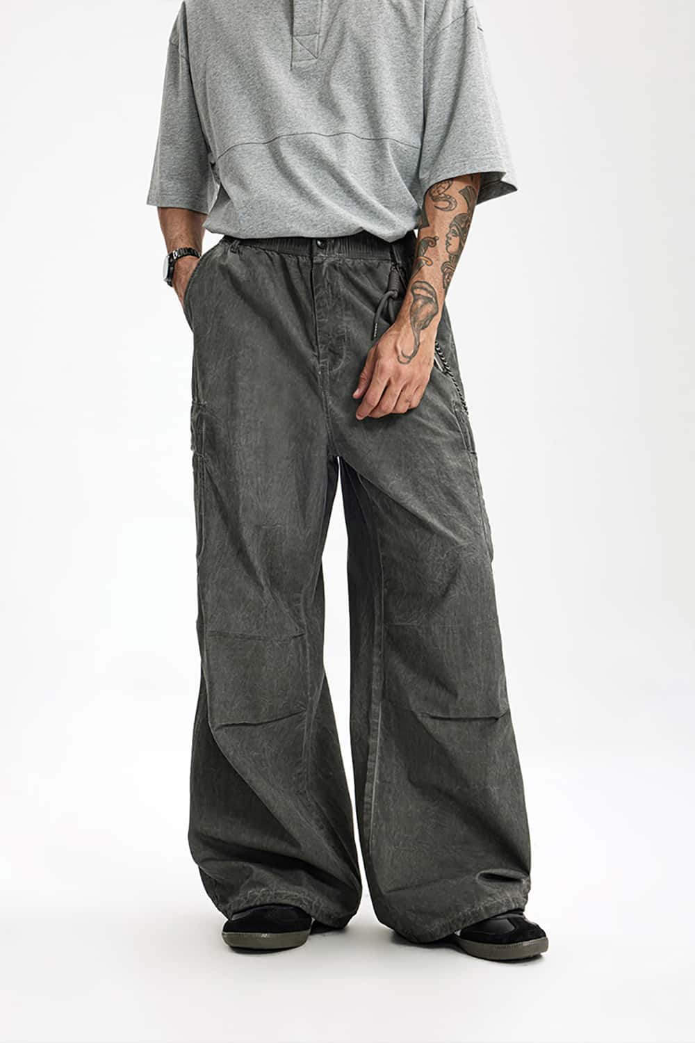 Heavy Washed Cargo Pants with Vintage Pockets - Loose Wide-Leg Casual Trousers