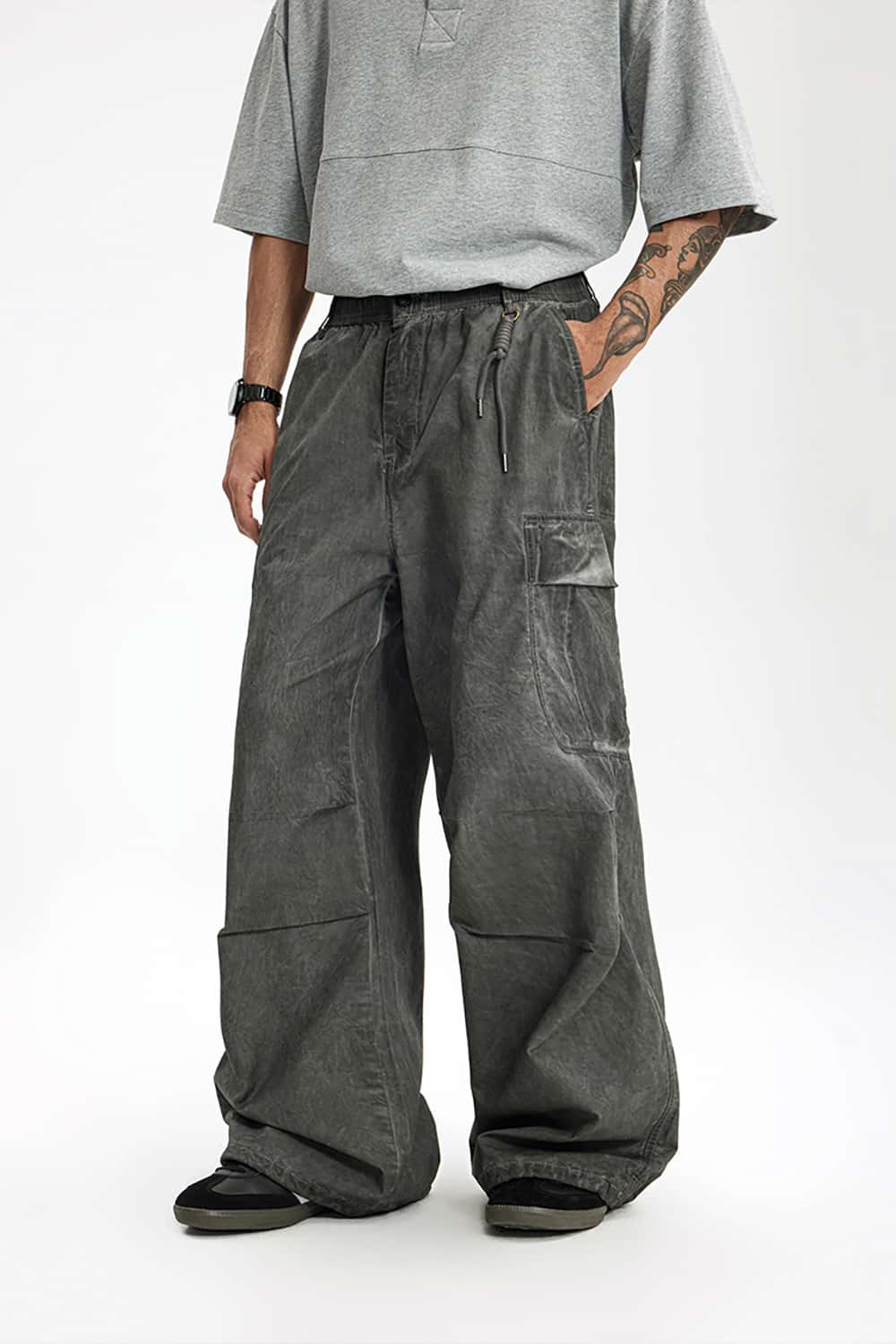 Heavy Washed Cargo Pants with Vintage Pockets - Loose Wide-Leg Casual Trousers