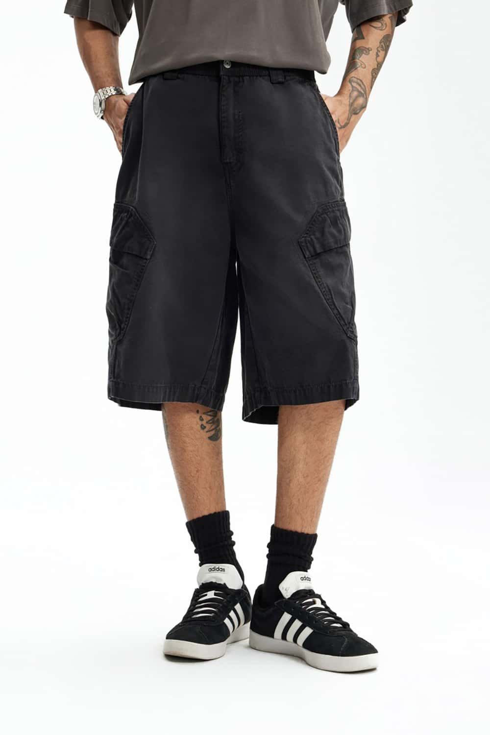 Heavy Wash Multi-Pocket Utility Cargo Shorts - Loose Fit Casual Mid-Length