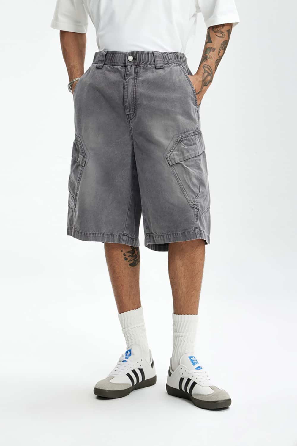 Heavy Wash Multi-Pocket Utility Cargo Shorts - Loose Fit Casual Mid-Length