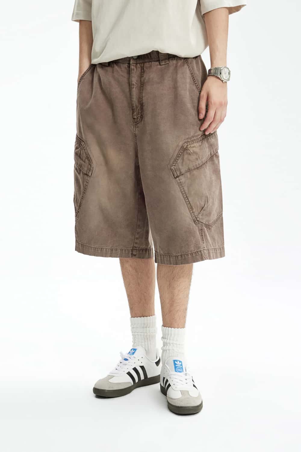 Heavy Wash Multi-Pocket Utility Cargo Shorts - Loose Fit Casual Mid-Length