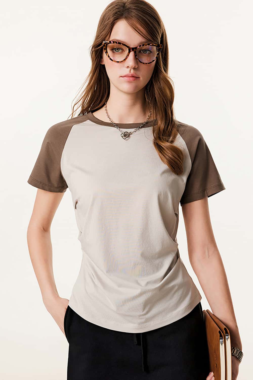 Lightweight Slimming Pleated Waist Color Block Sports Fitness Short Sleeve T-Shirt