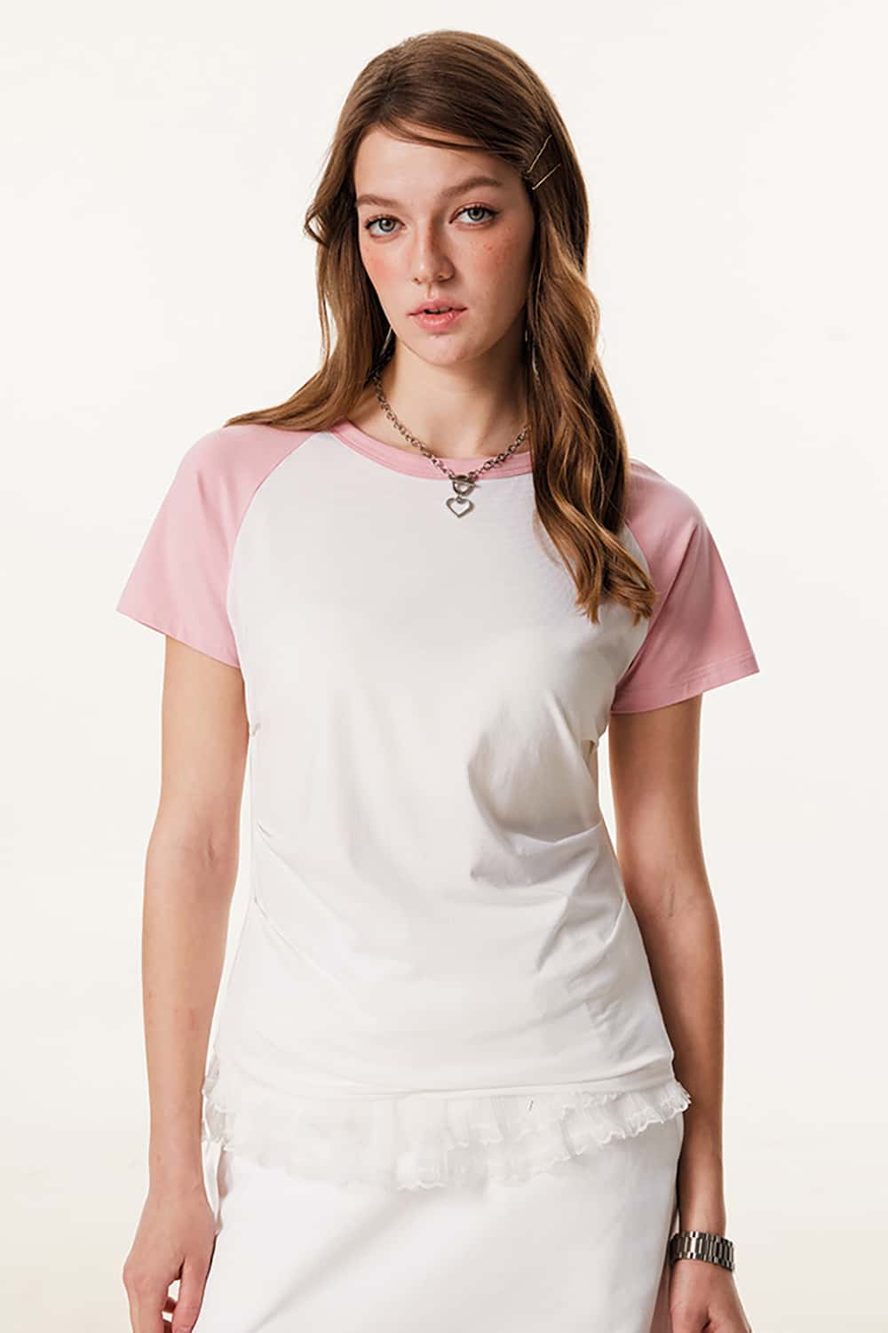 Lightweight Slimming Pleated Waist Color Block Sports Fitness Short Sleeve T-Shirt