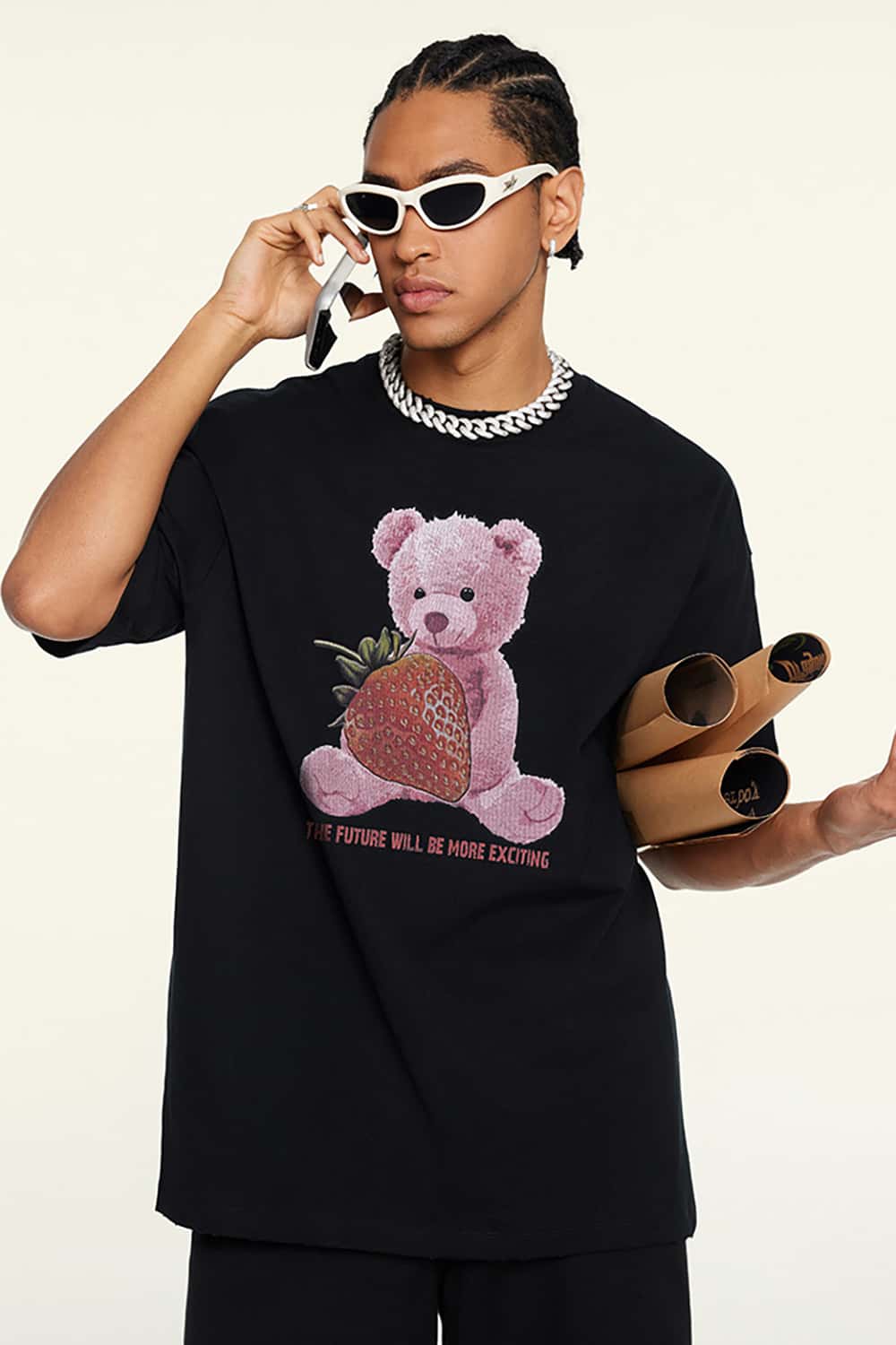 230g Fabric Strawberry Bear Print Short Sleeve T-Shirt - Cool and Loose Fit