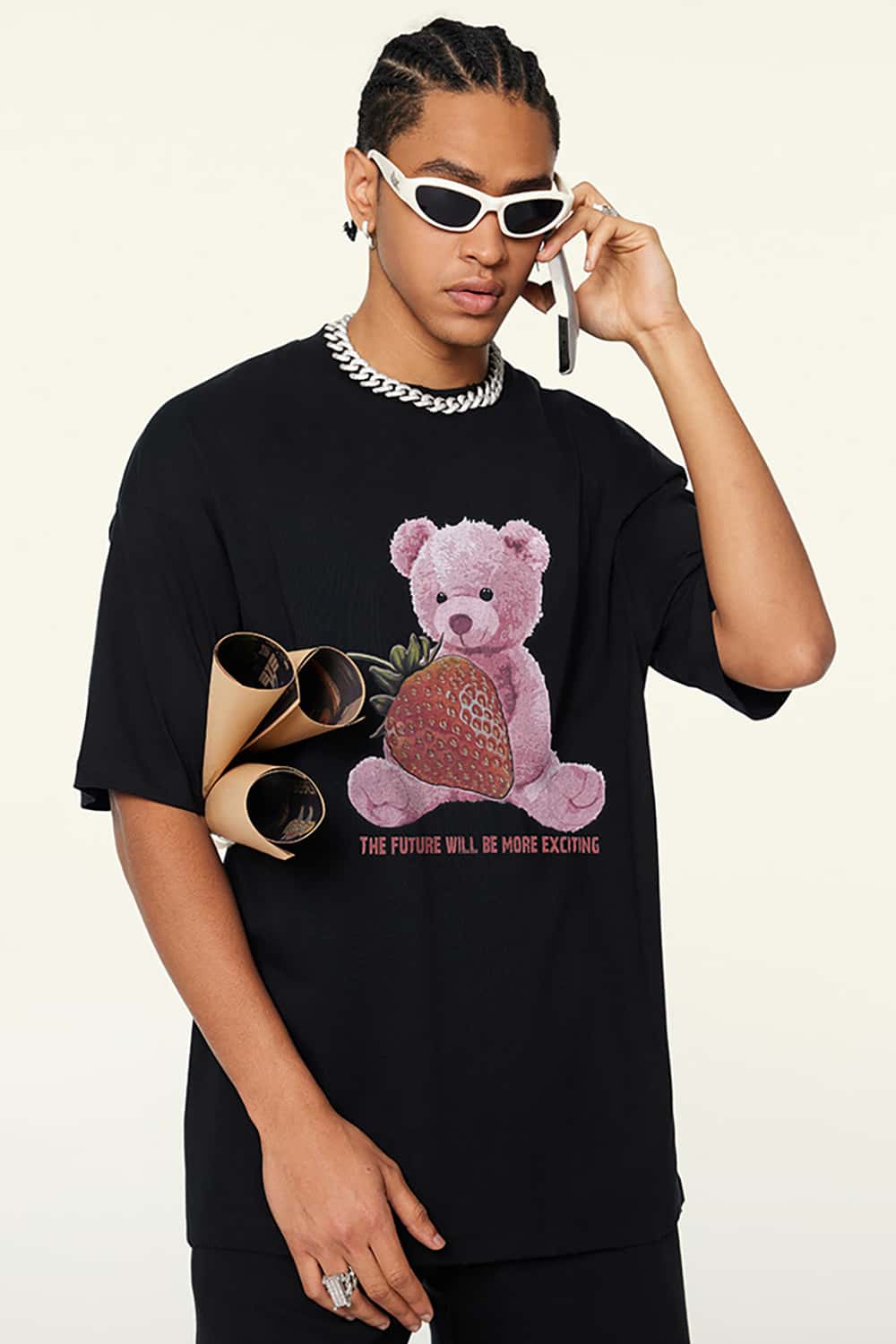 230g Fabric Strawberry Bear Print Short Sleeve T-Shirt - Cool and Loose Fit