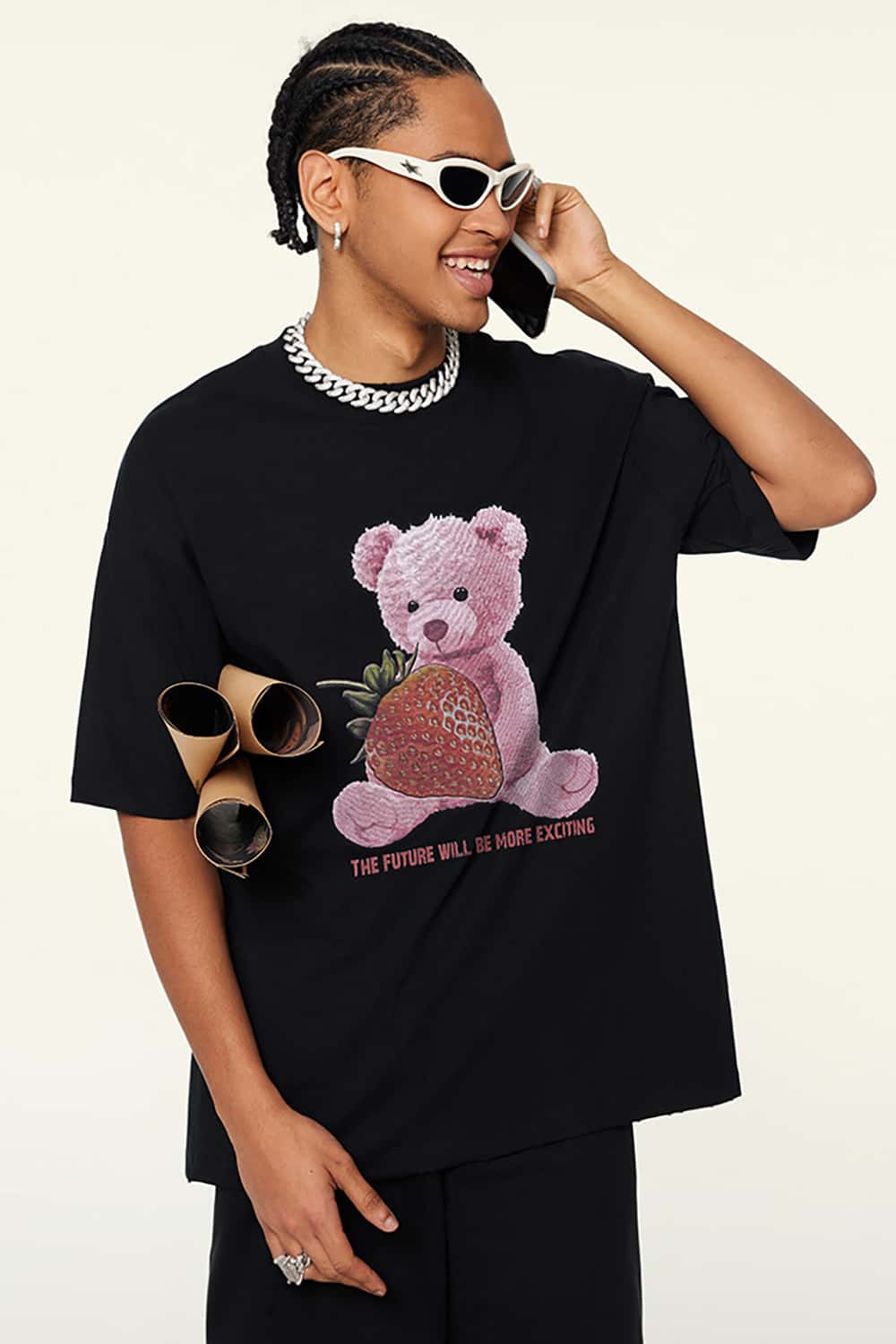 230g Fabric Strawberry Bear Print Short Sleeve T-Shirt - Cool and Loose Fit