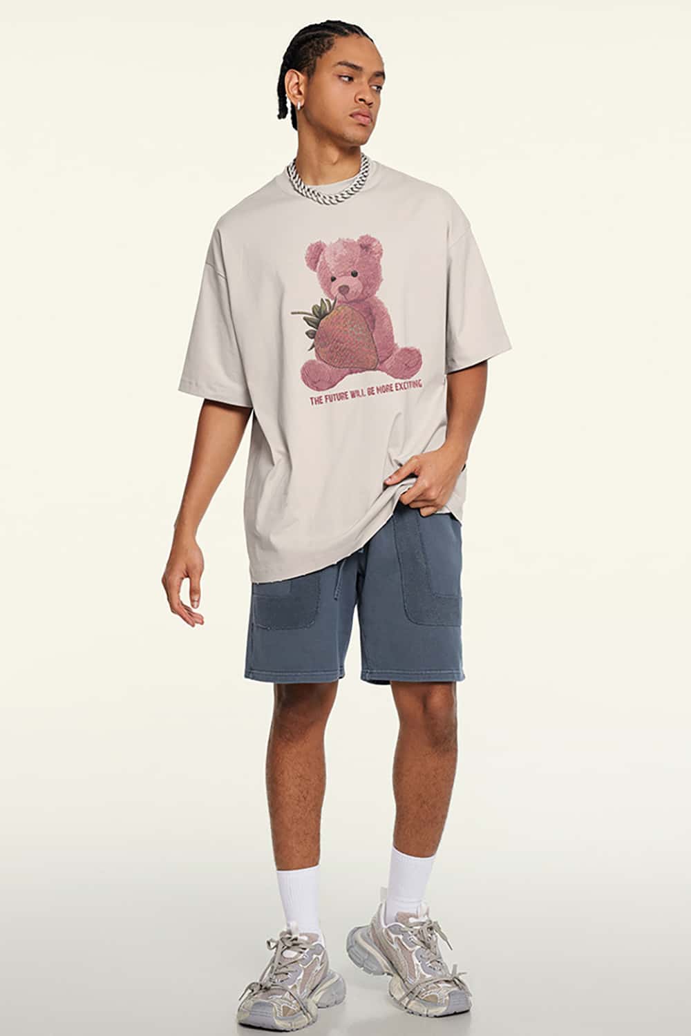230g Fabric Strawberry Bear Print Short Sleeve T-Shirt - Cool and Loose Fit
