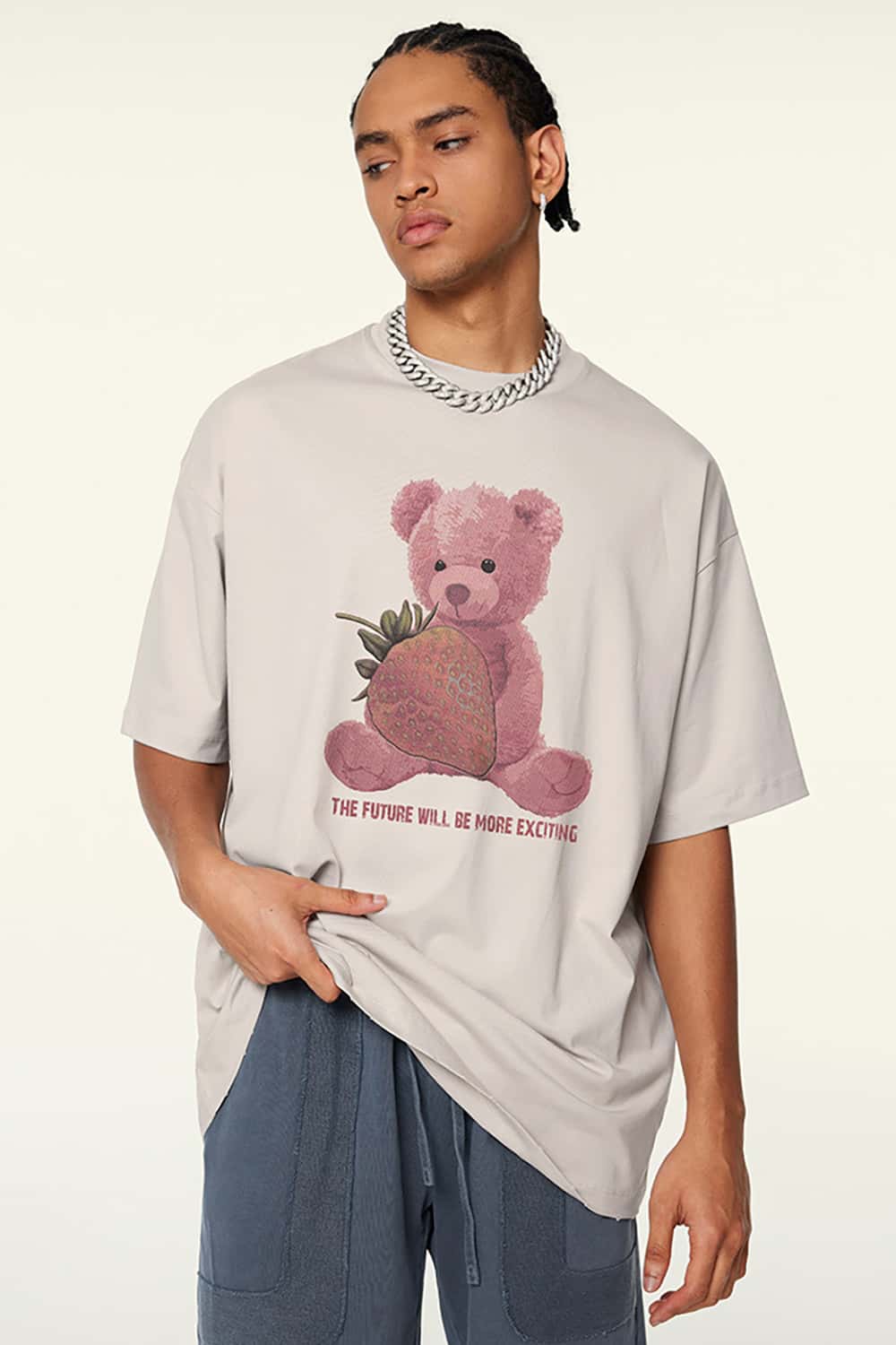 230g Fabric Strawberry Bear Print Short Sleeve T-Shirt - Cool and Loose Fit