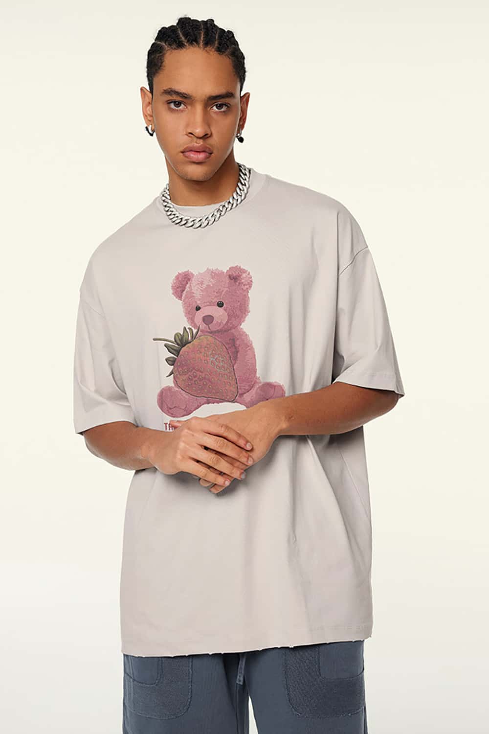 230g Fabric Strawberry Bear Print Short Sleeve T-Shirt - Cool and Loose Fit